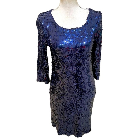 NWT BBDakota Leila navy oval sequin bodycon 3/4 sleeve dress above knee medium - Picture 3 of 12